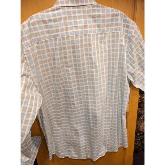Bugatchi Mens‎ Shaped Fit Blue White Plaid Check Print Shirt Flip Cuff - Large - Picture 2 of 5